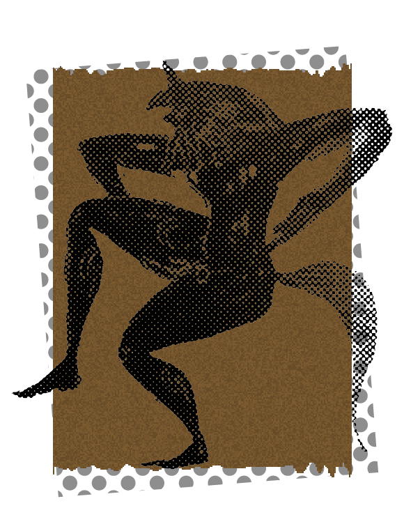 A dancing satyr in halftone on a torn bronze paper